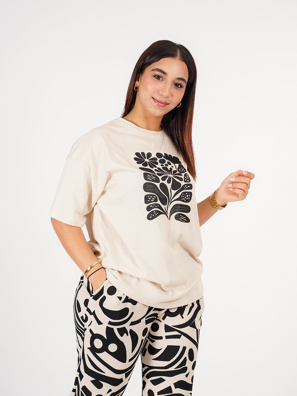 Pyjama femme - Beige clair/Noir