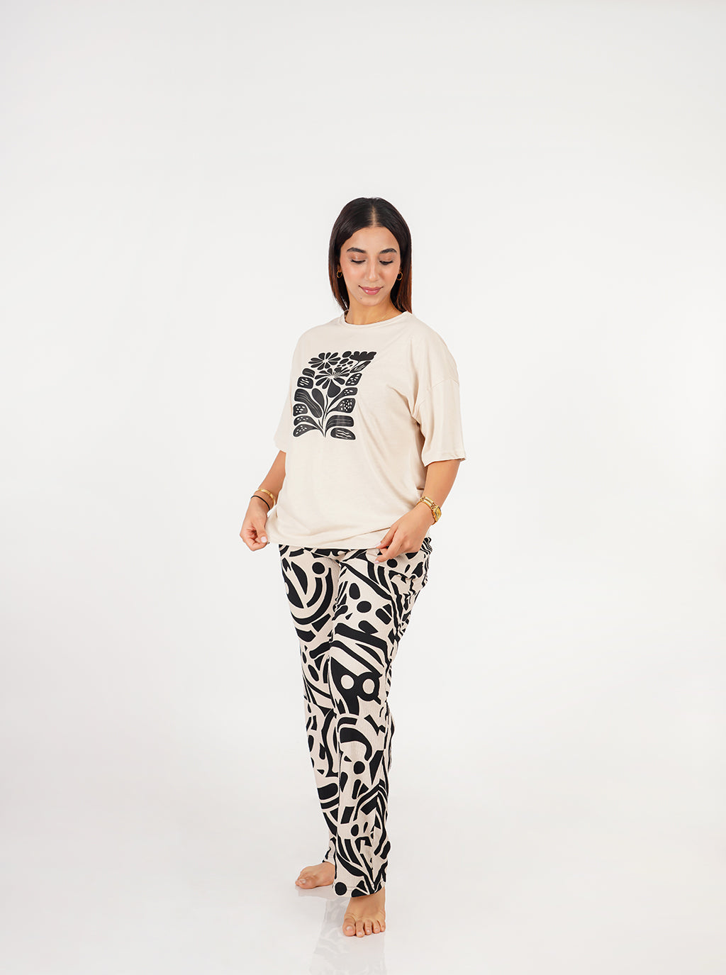 Pyjama femme - Beige clair/Noir