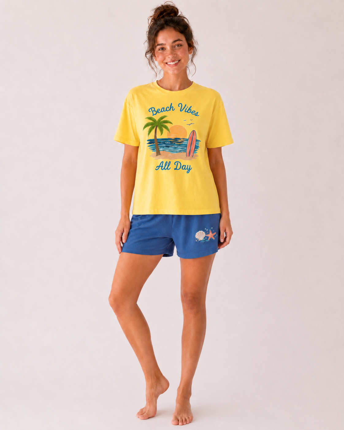 Pyjama Femme Jaune & Bleu – T-shirt Imprimé Beach Vibes & Short Assorti