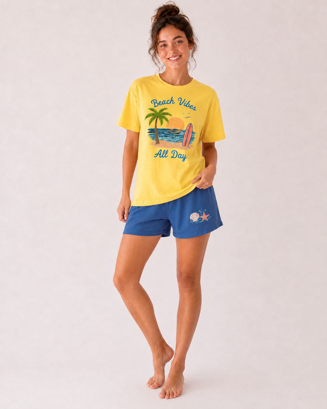 Pyjama Femme Jaune & Bleu – T-shirt Imprimé Beach Vibes & Short Assorti
