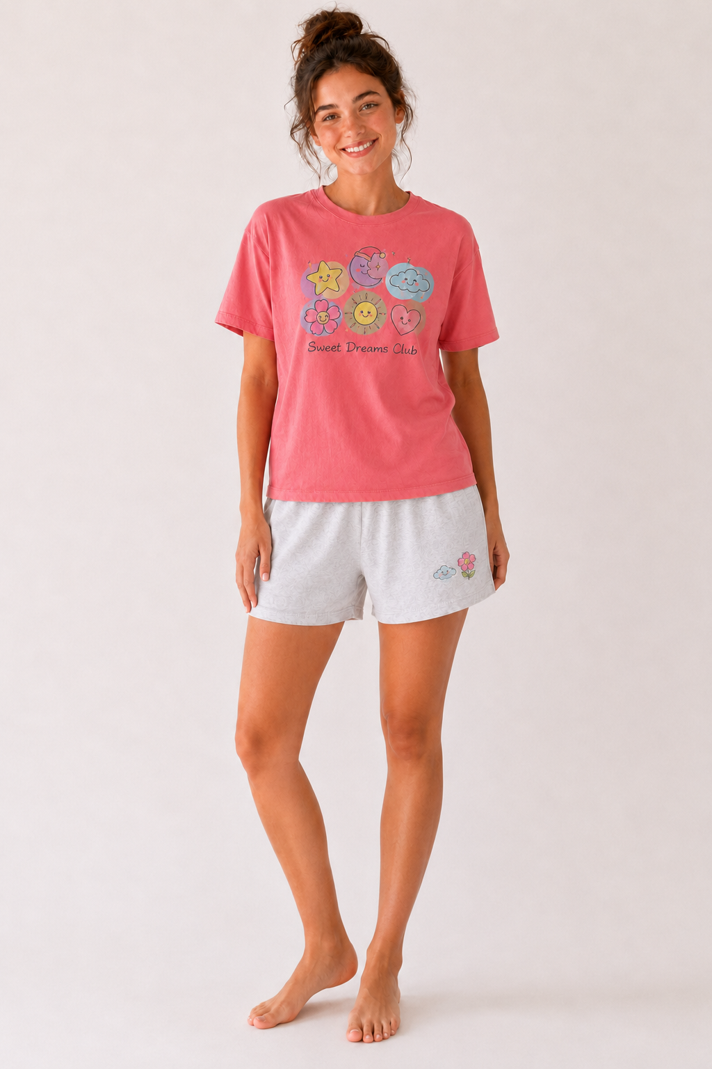 Pyjama Femme Rose Saumon – T-shirt Imprimé & Short Assorti