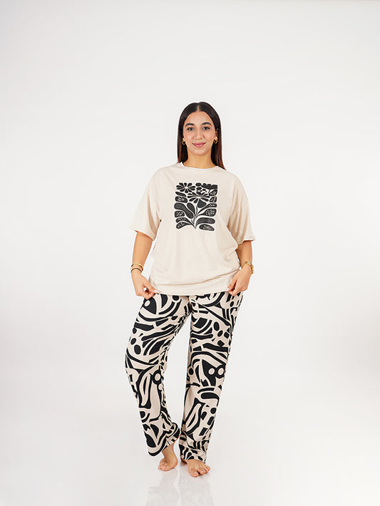 Pyjama femme - Beige clair/Noir