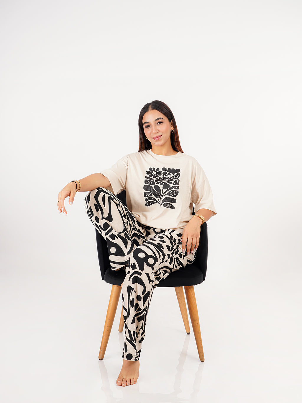 Pyjama femme - Beige clair/Noir