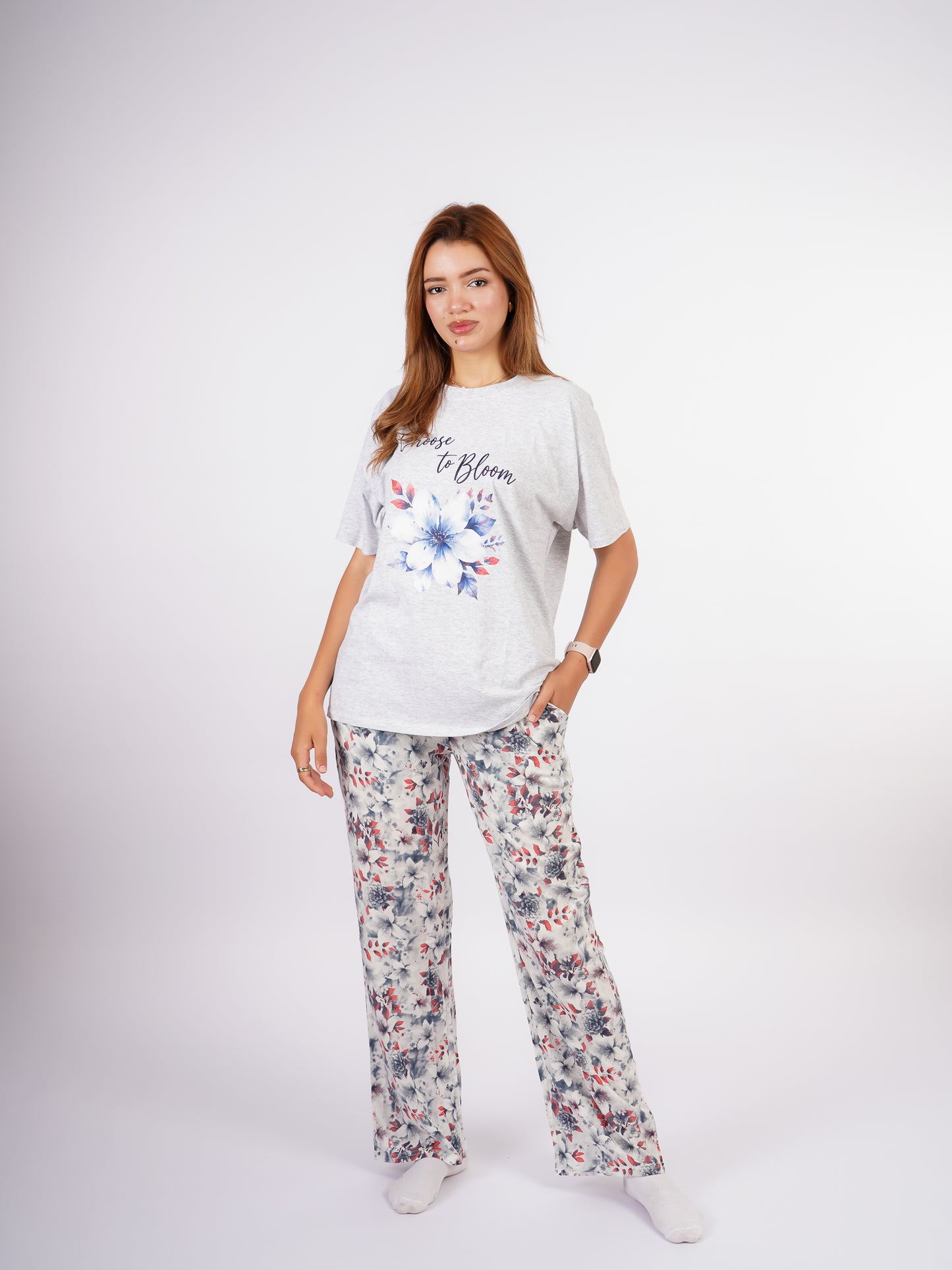 Pyjama Femme Gris Fleuri « Choose to Bloom »