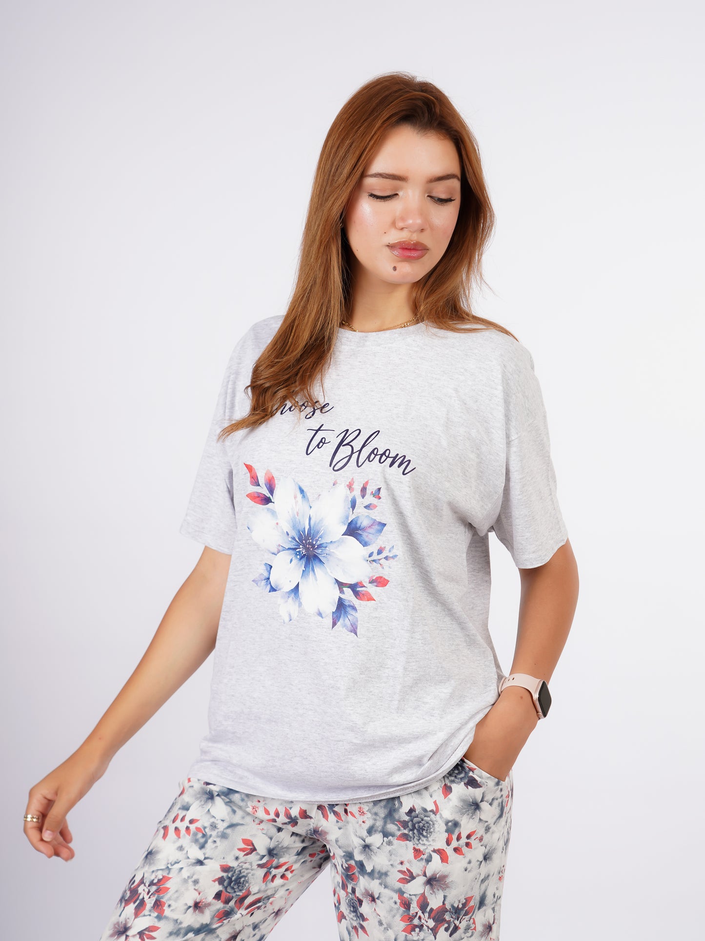 Pyjama Femme Gris Fleuri « Choose to Bloom »