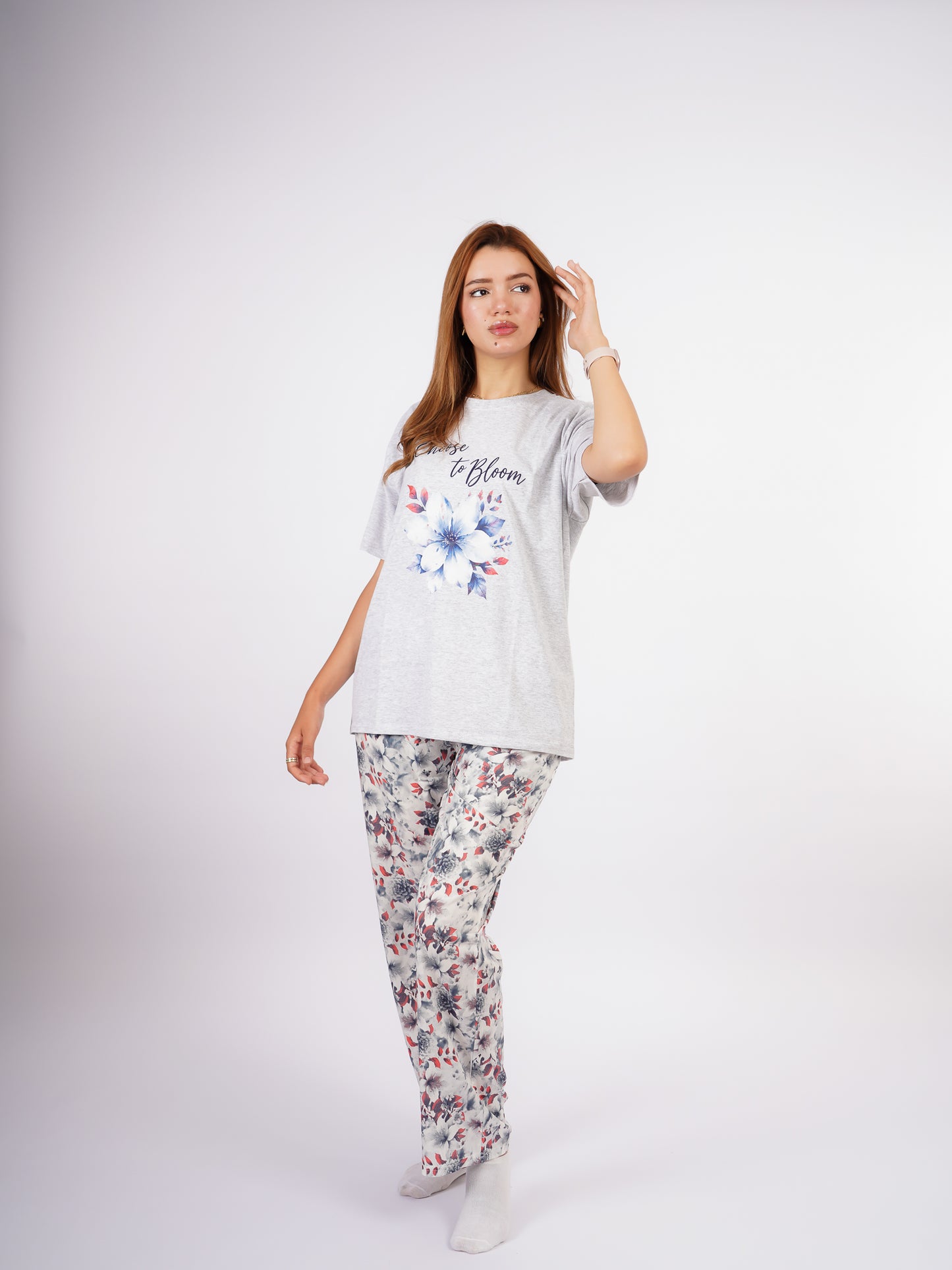 Pyjama Femme Gris Fleuri « Choose to Bloom »
