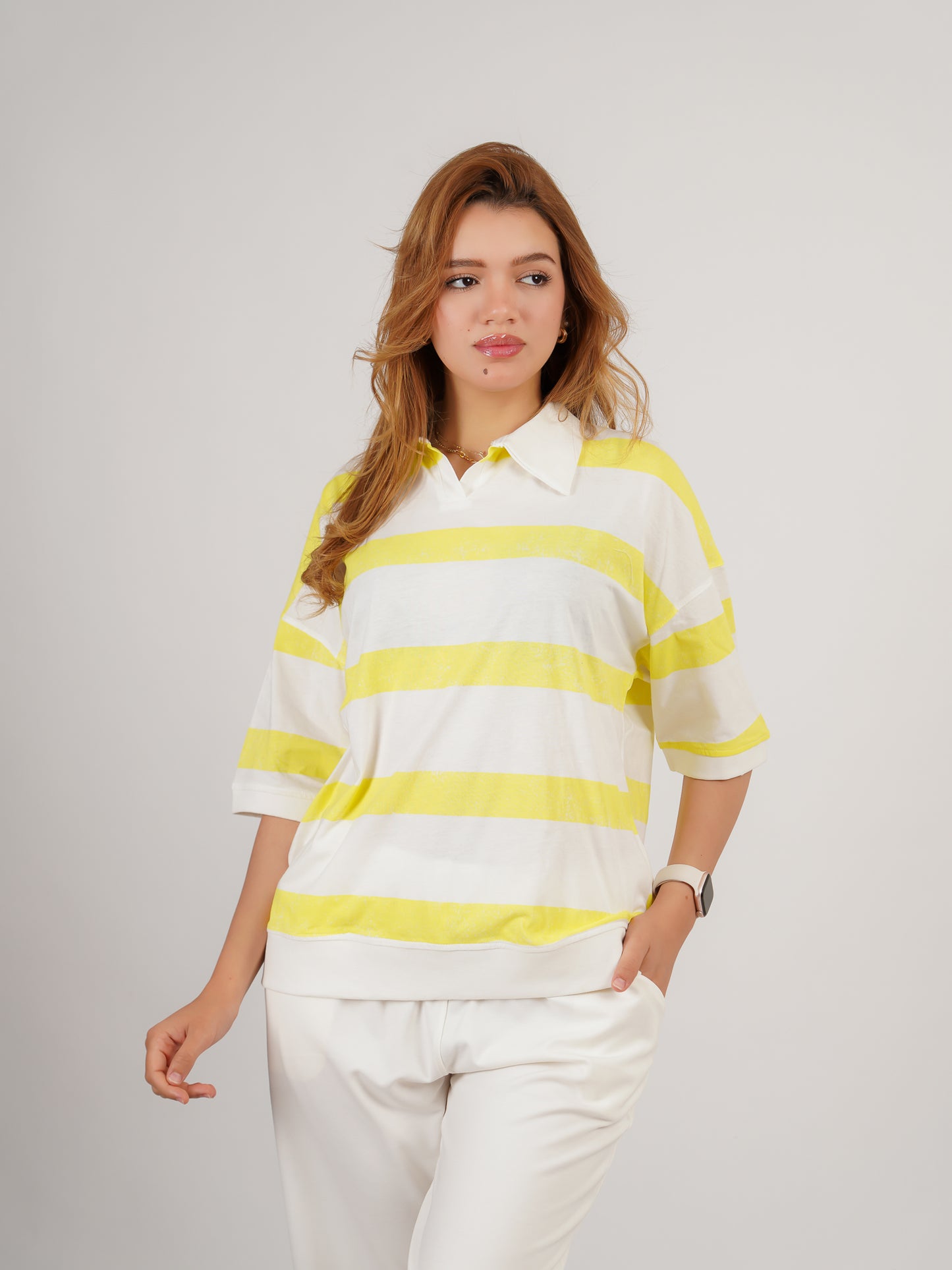 Pyjama femme blanc cassé et jaune – Style rayé décontracté