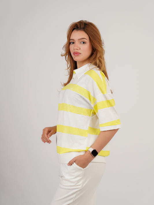 Pyjama femme blanc cassé et jaune – Style rayé décontracté