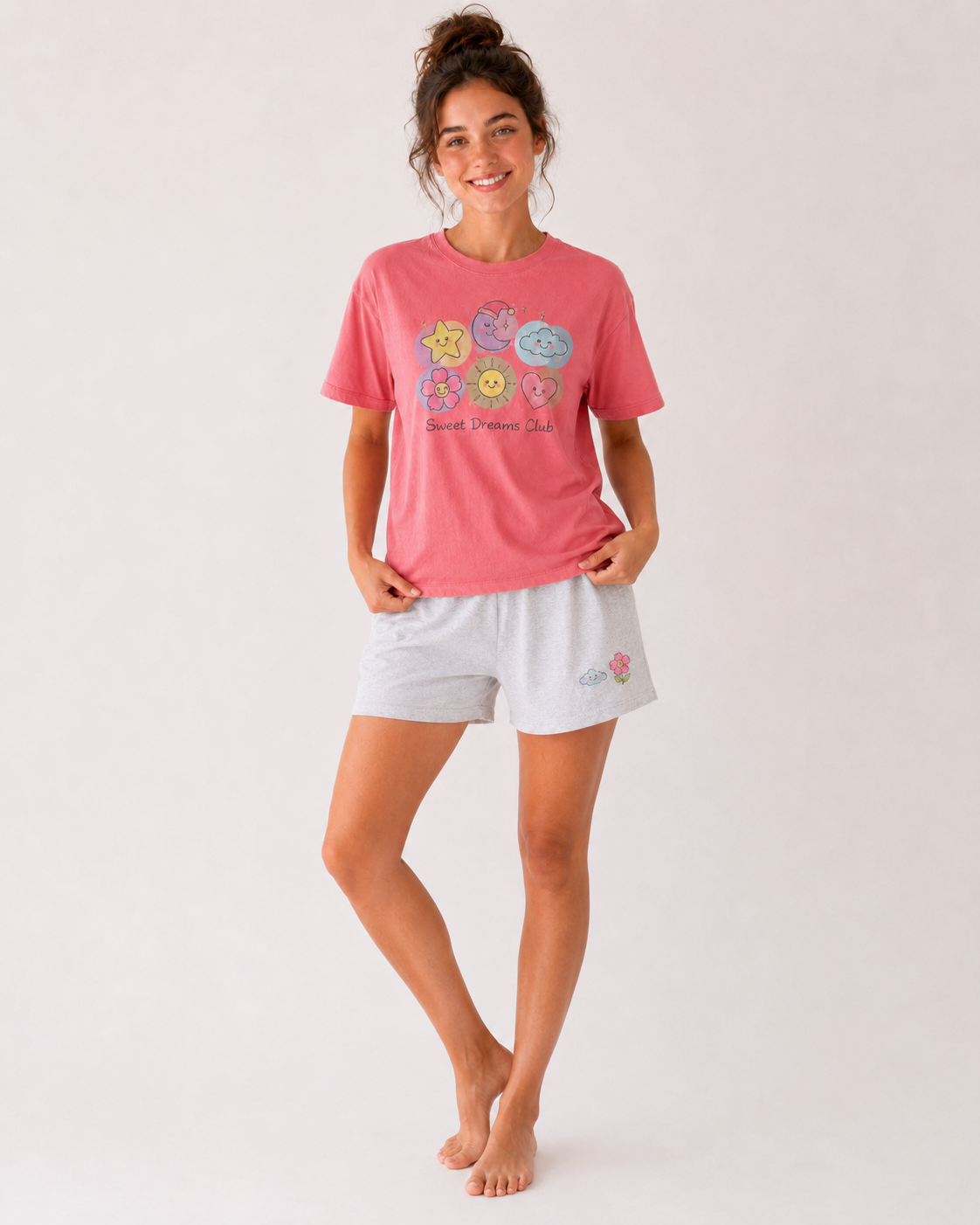 Pyjama Femme Rose Saumon – T-shirt Imprimé & Short Assorti